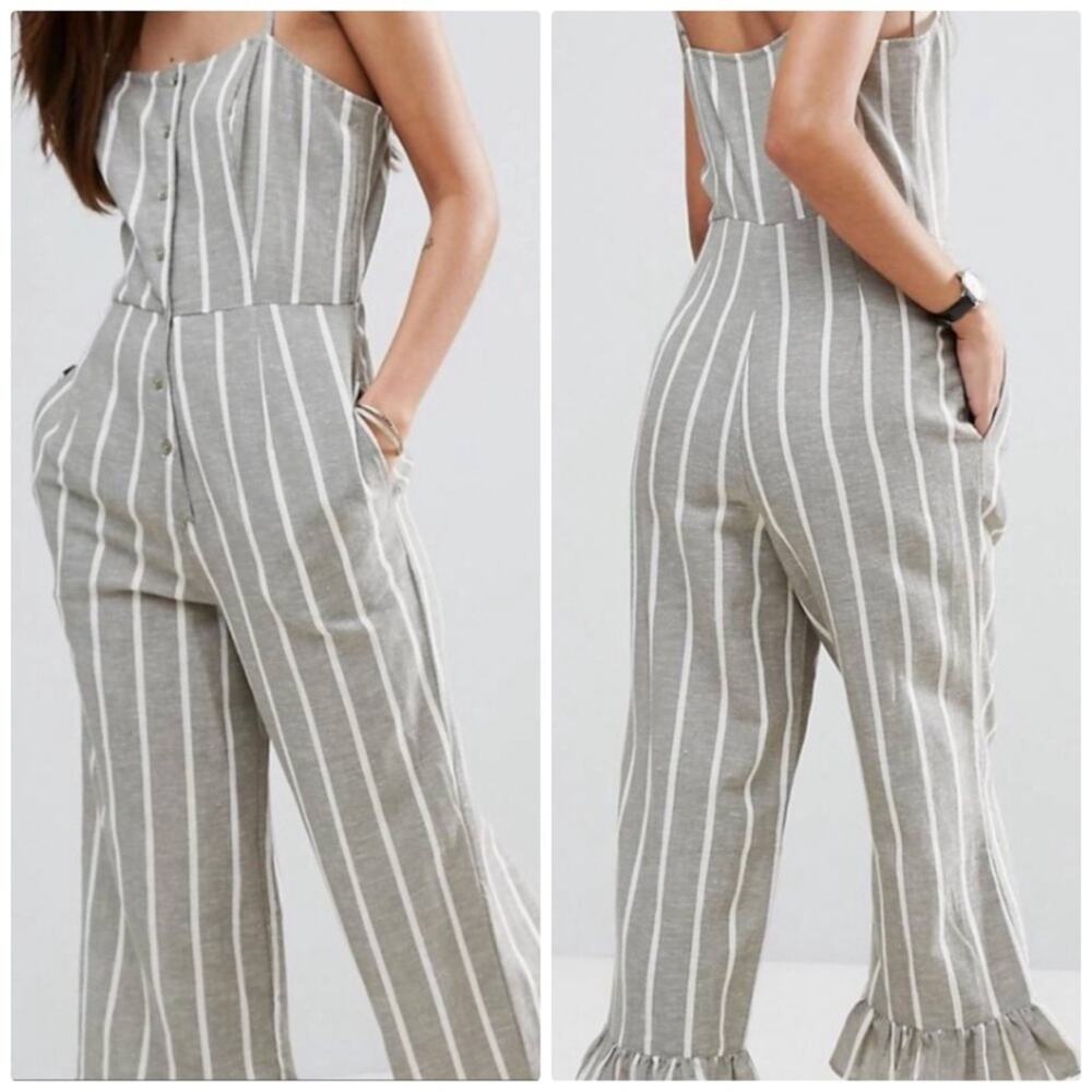ASOS Women's Grey Striped Sleeveless Jumpsuit Size 12 in Linen NEW